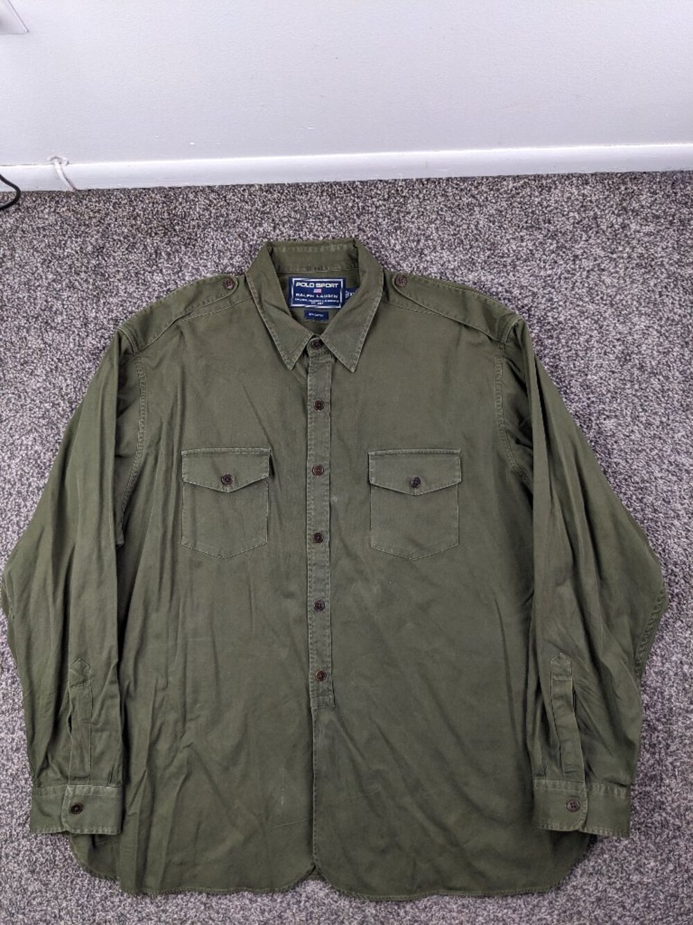 Vintage Polo Ralph Lauren Shirt Military Epaulettes L/S Button Up Green Mens 2XL
